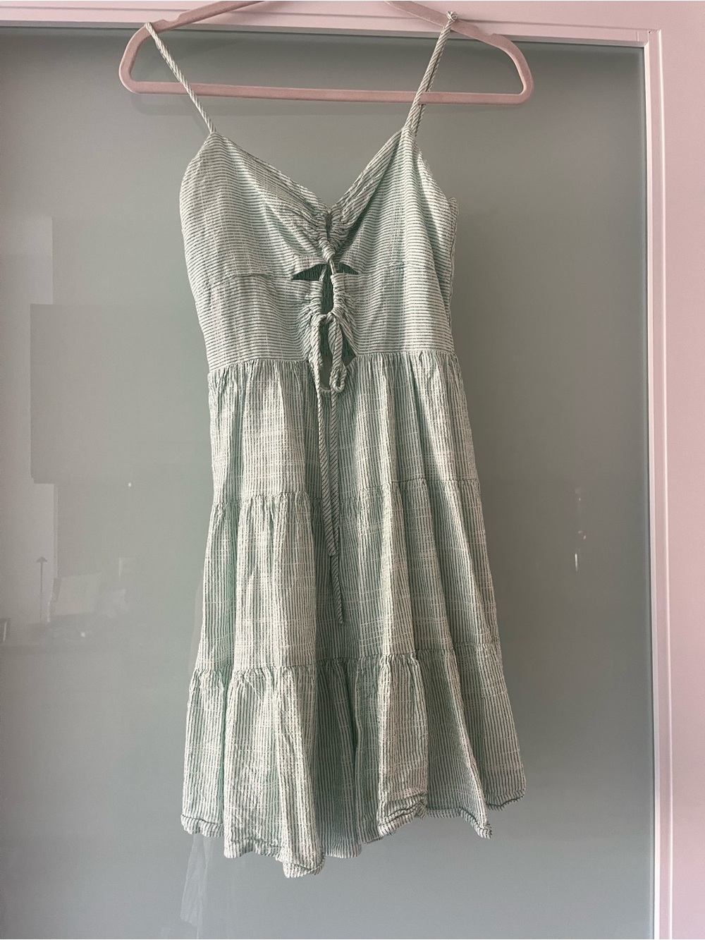 Light Green Striped Tiered Spaghetti Strap Dress